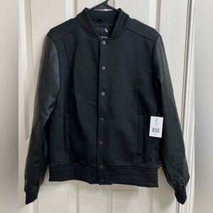Black Bomber Jacket with Ribbed Accents